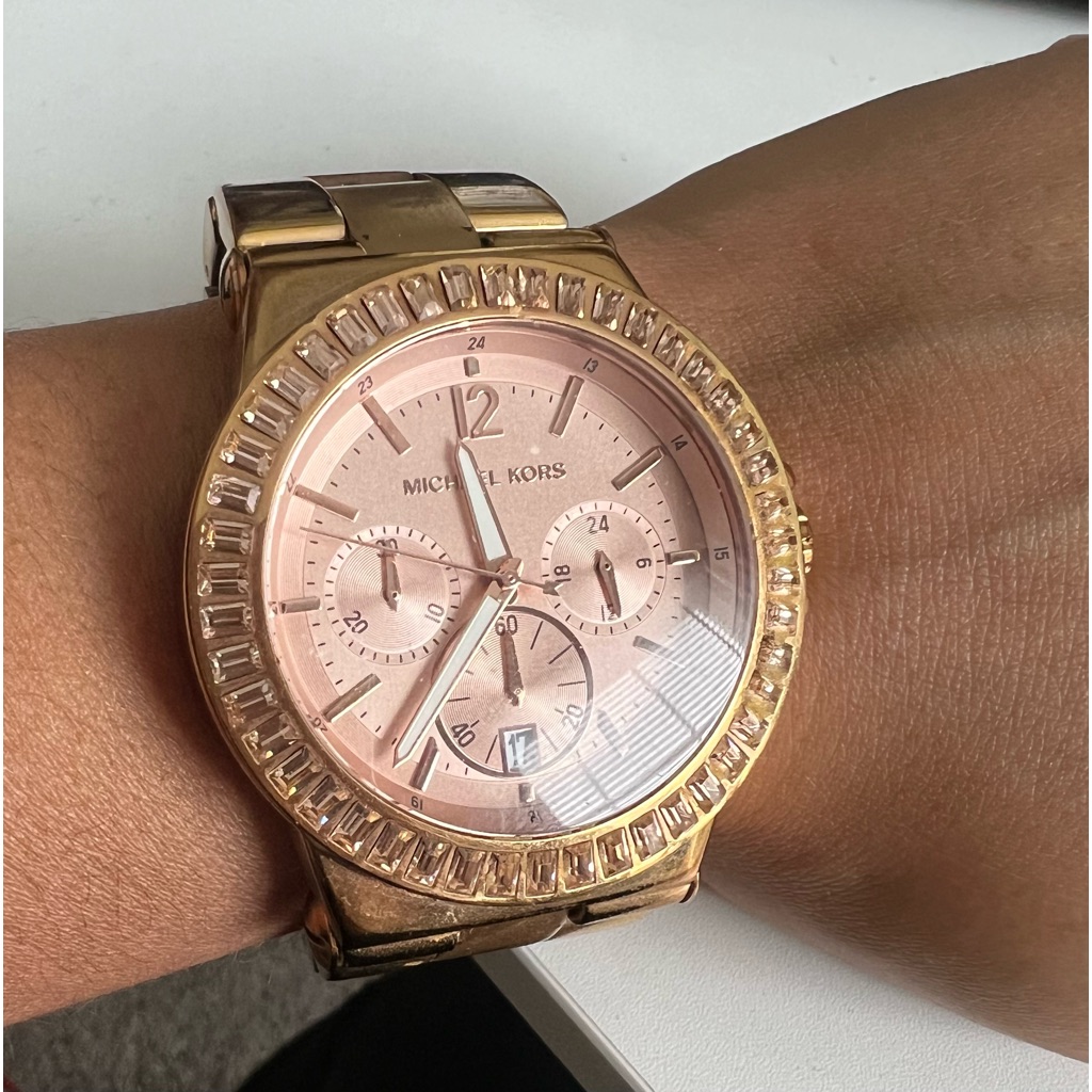 Michael Kors Womens Rose Gold Tone Crystals On Bezel Bracelet Watch Mk5412 50$